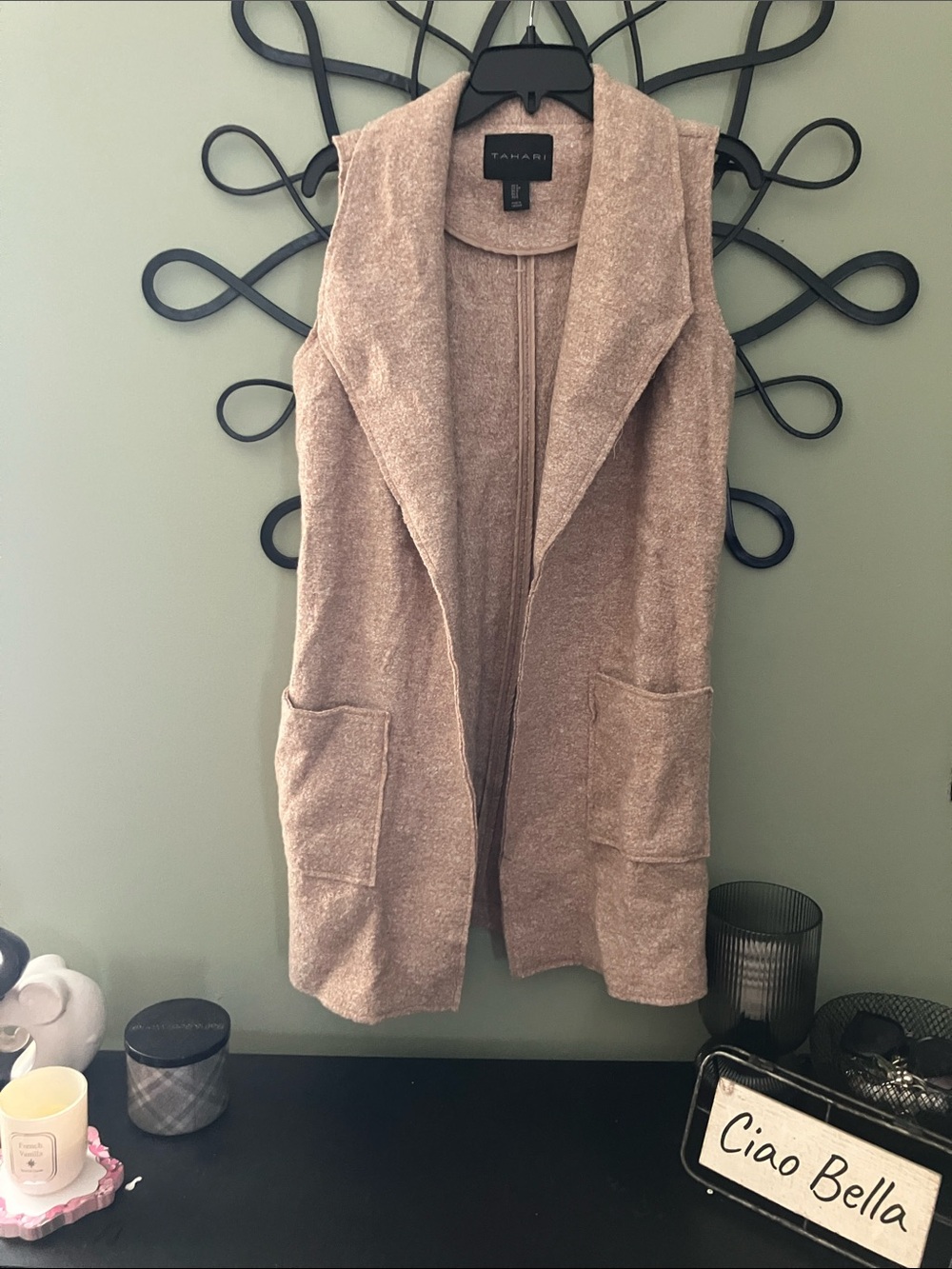 Tahari Open-Front Sleeveless Cardigan Vest in Taupe Beige
